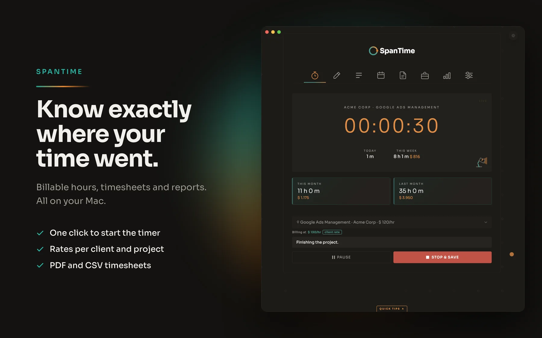 SpanTime timer running, today and this week totals at a glance