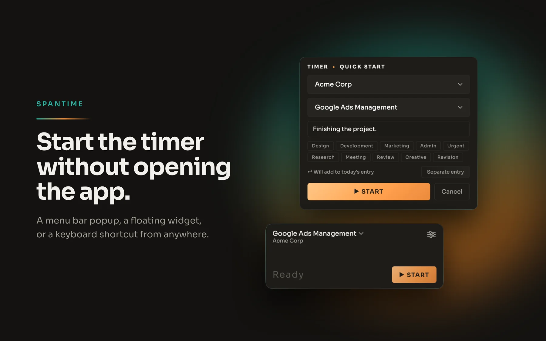 Quick Timer popup and the floating widget