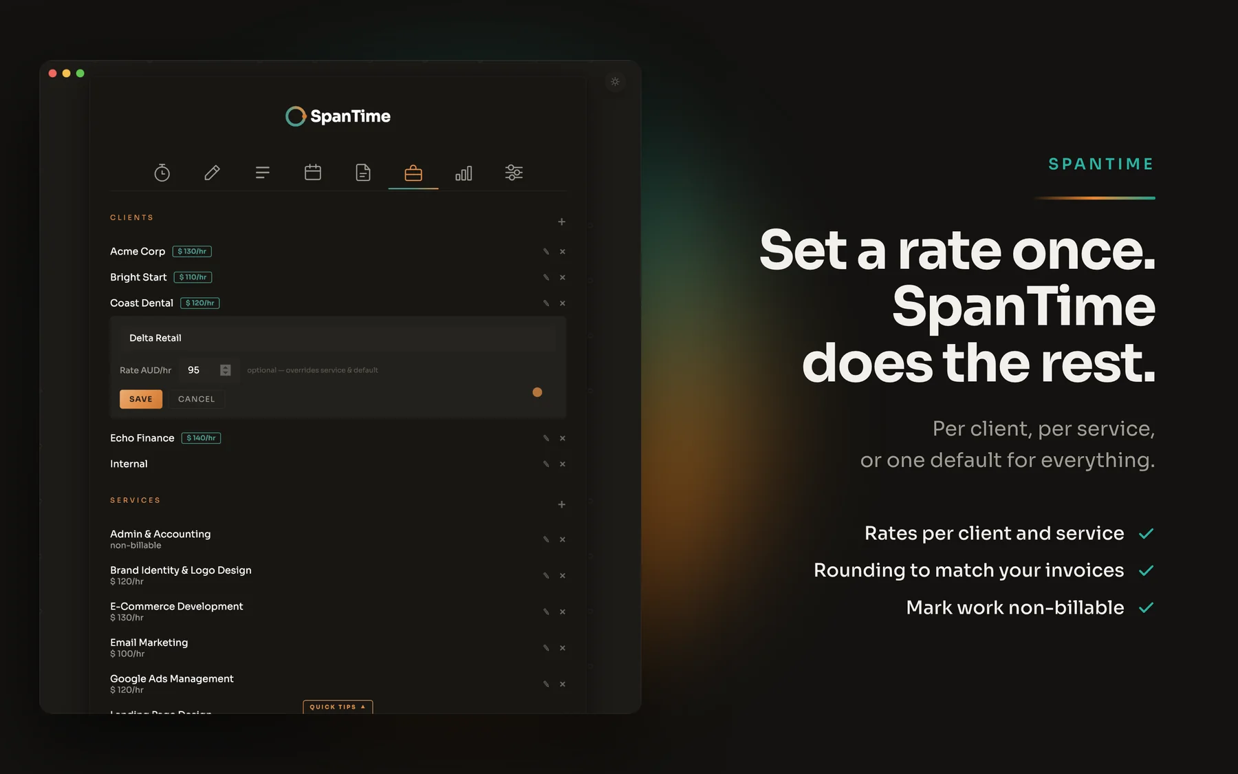 Client and service rates screen