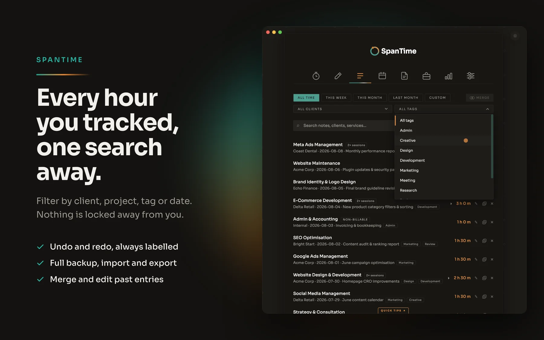 Searchable log of every tracked entry