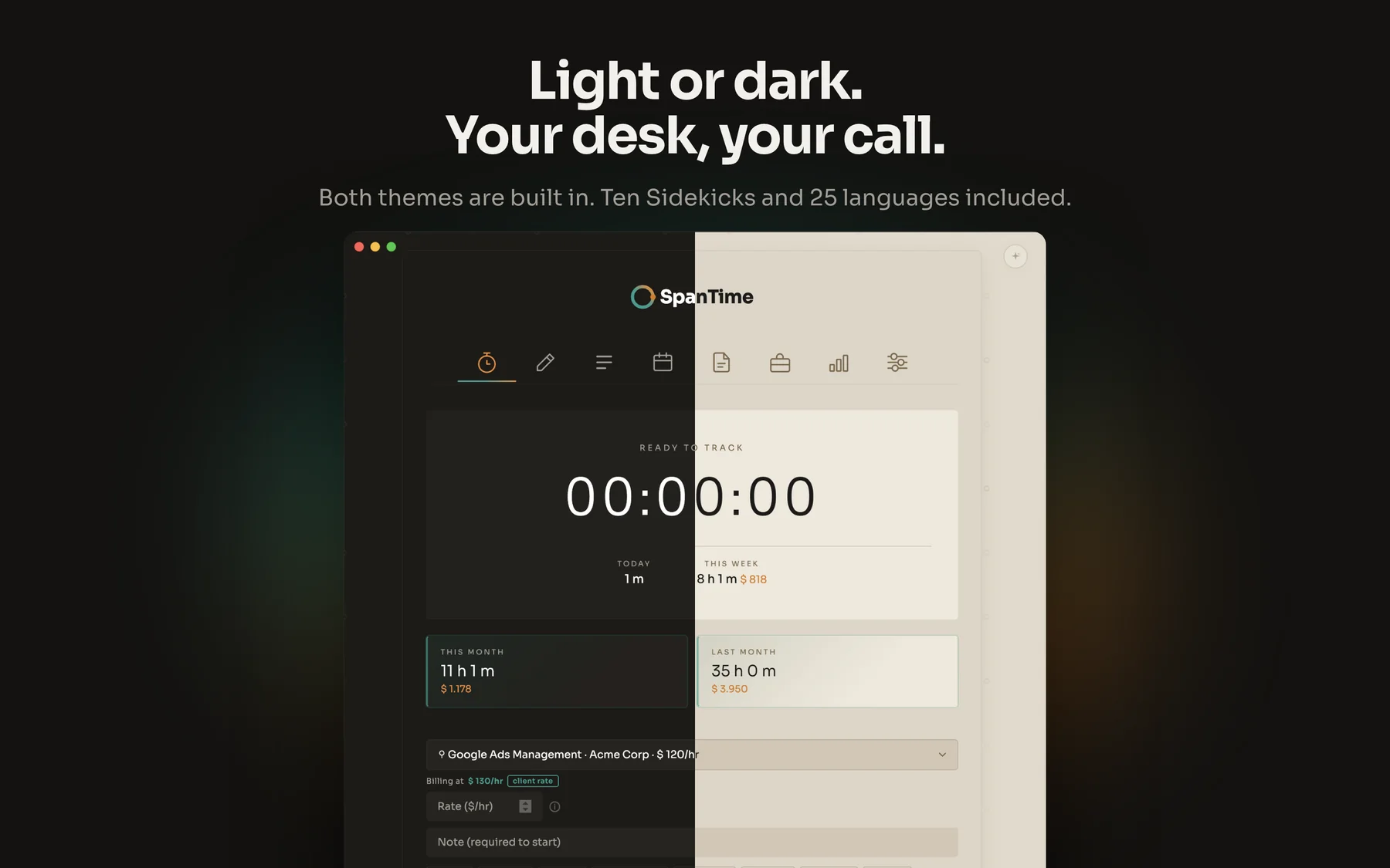 SpanTime shown side by side in light and dark theme