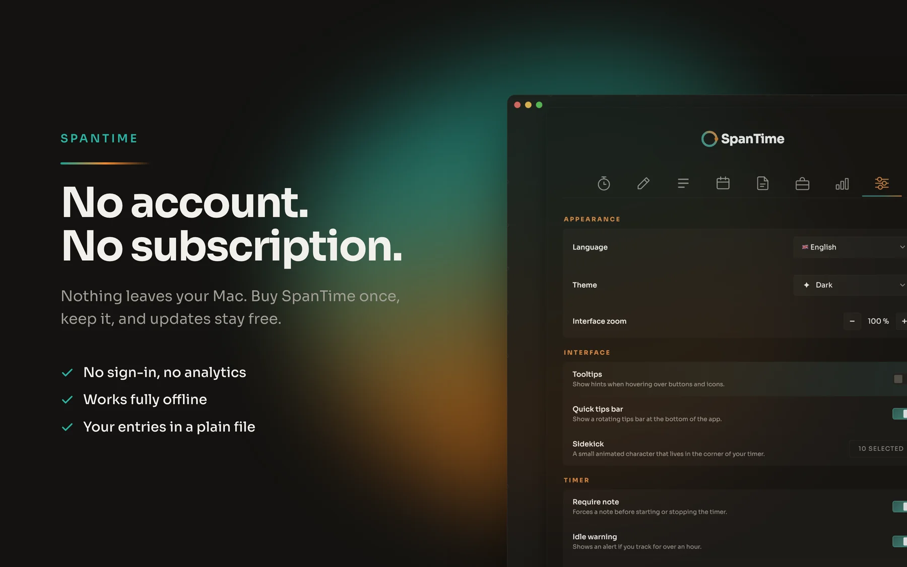 Settings screen: no account, no subscription